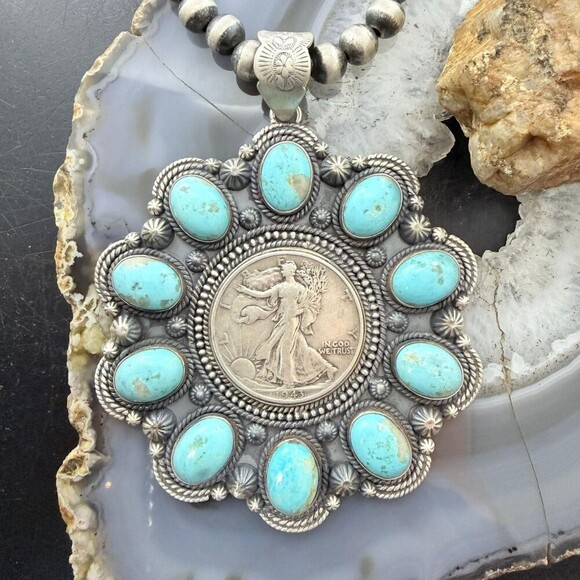 Jewelry - 1943 Genuine 90% Silver Walking Liberty Half Dollar Coin w/Turquoise Uni Pendant